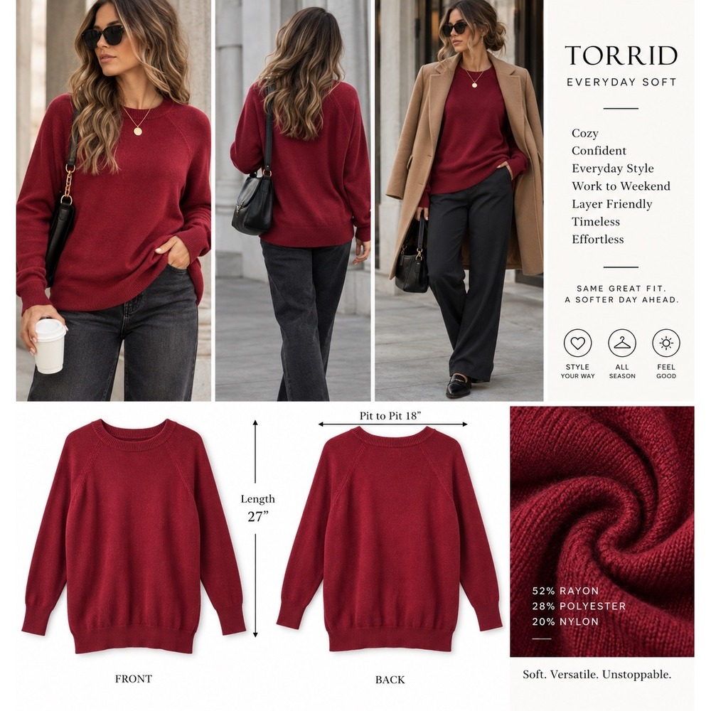 Torrid Everyday Soft Sweater Womens 00 Burgundy Red Raglan Crewneck Pullover